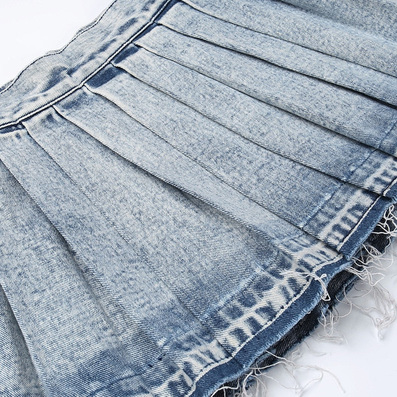 Baddie Pleated Washed Denim Mini Skirt
