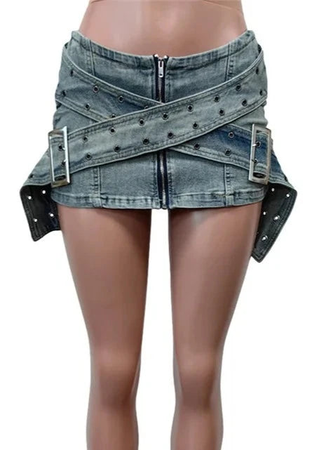 Belted Denim Low Rise Skirt