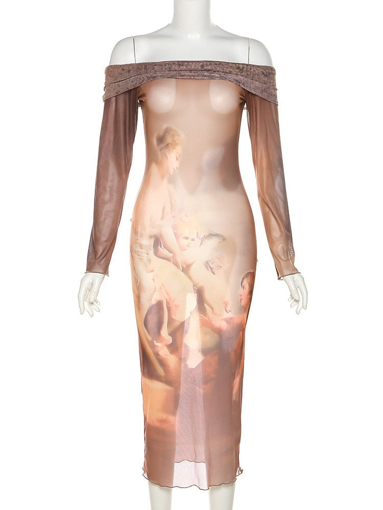 Soft Girl Era Printed Mesh Midi Dress