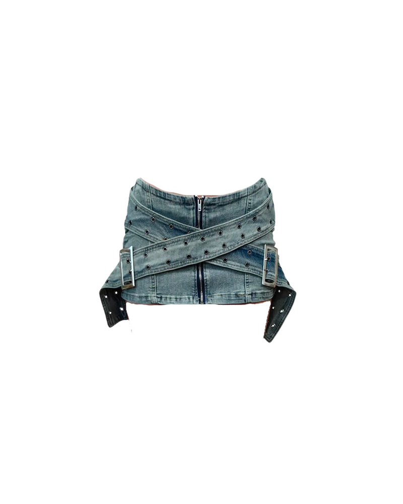 Belted Denim Low Rise Skirt