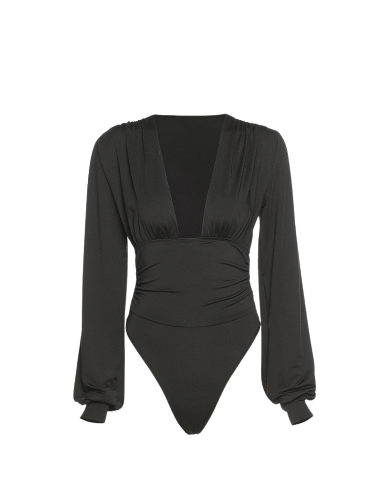 Deep V Neck Bodysuit - Black
