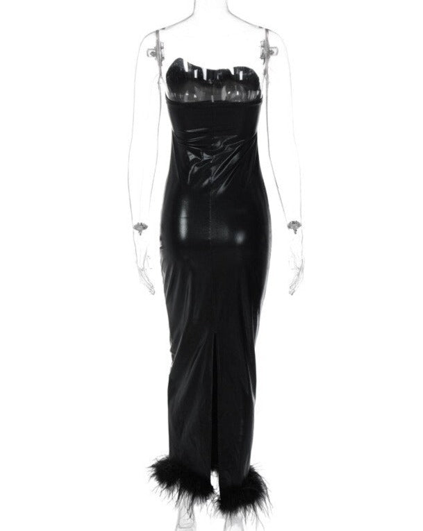 Strapless Feathered Hem Maxi