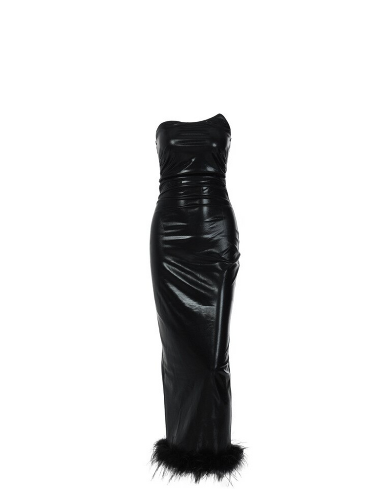Strapless Feathered Hem Maxi