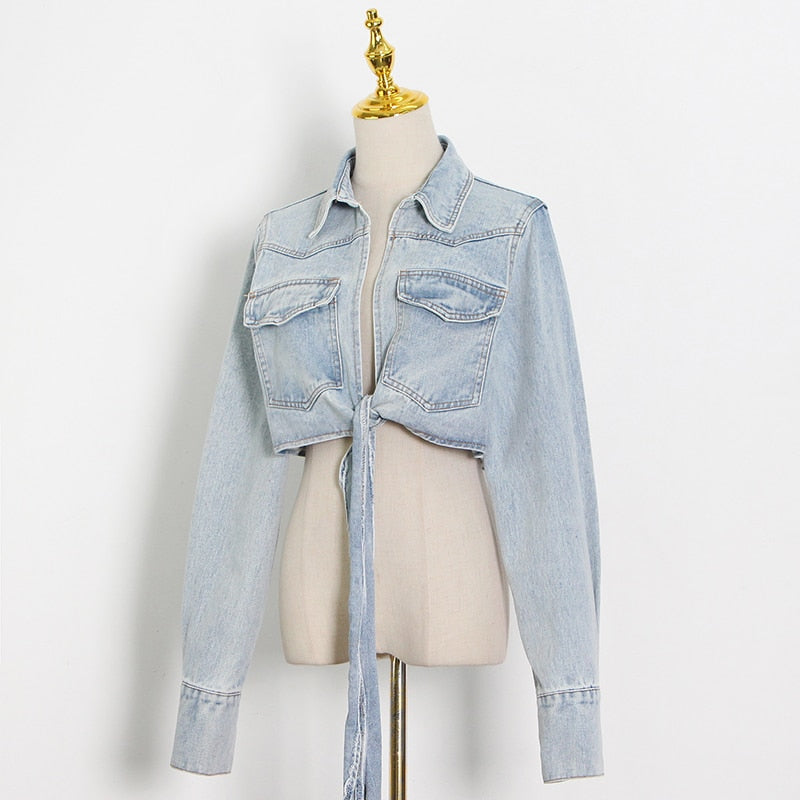 Denim Lace Up Bowknot Jacket