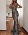 Geometric Pattern Sequined Bodycon Fishtail Maxi Dress