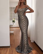 Geometric Pattern Sequined Bodycon Fishtail Maxi Dress