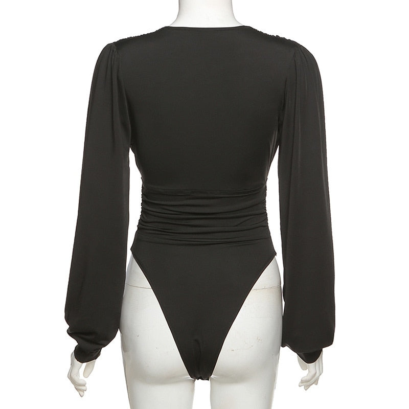 Deep V Neck Bodysuit - Black